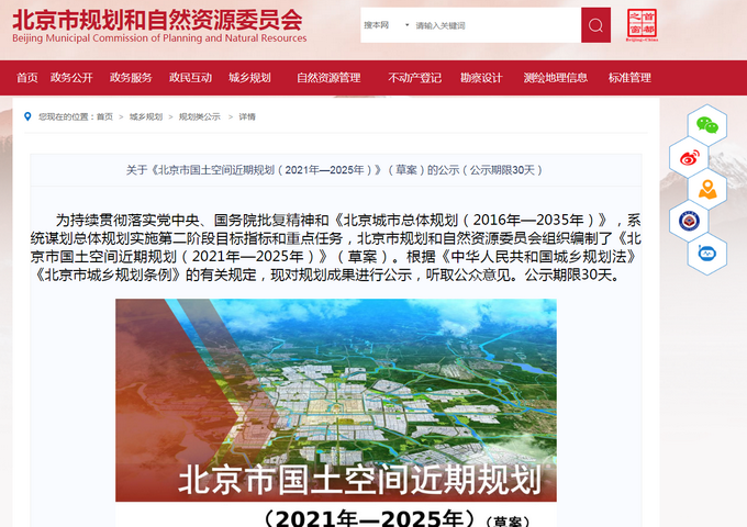 北京市国土空间近期规划草案公示：加强“四个中心”功能建设